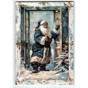 Vintage Blue Suit Coat Santa Claus Christmas Lithograph Postcard 5.5x4" Doorway